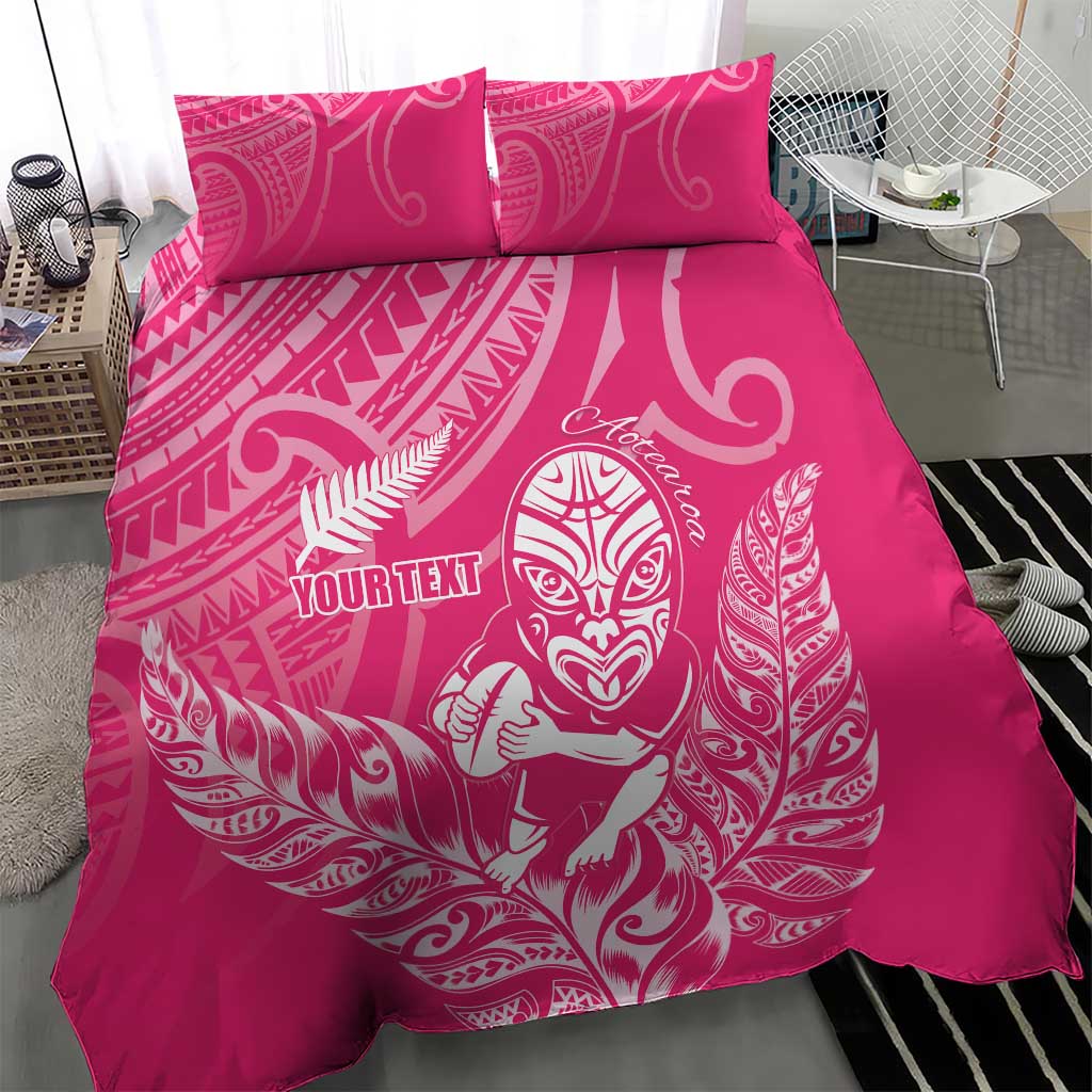 New Zealand Silver Fern Rugby Custom Bedding Set Maori Tiki Pink Version
