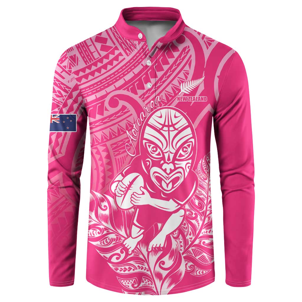 New Zealand Silver Fern Rugby Custom Button Sweatshirt Maori Tiki Pink Version