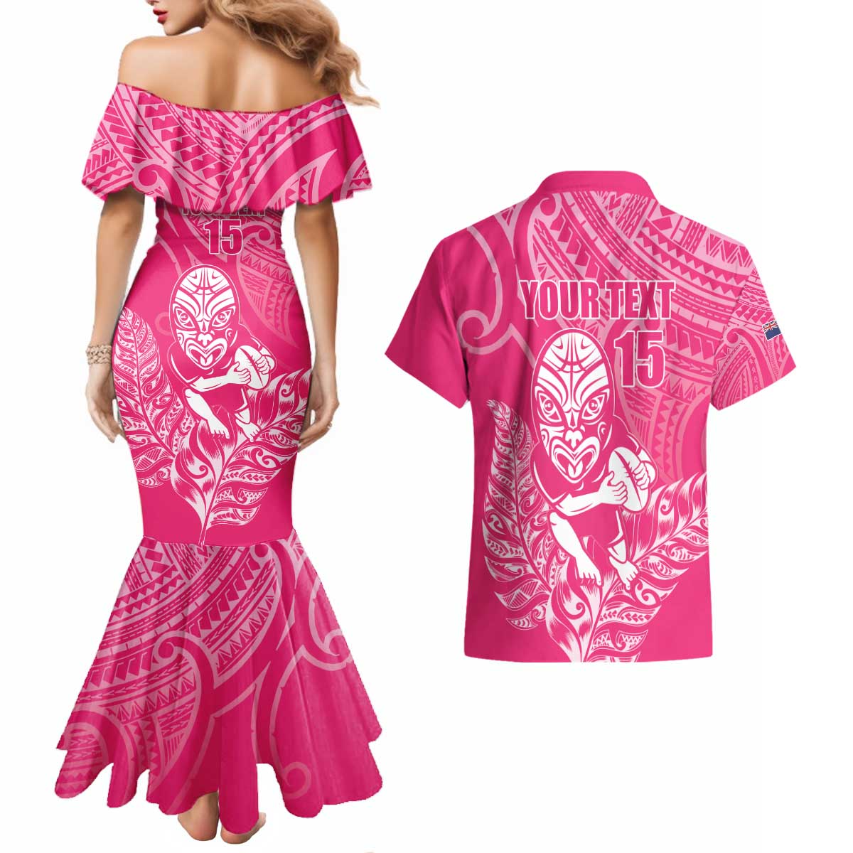 New Zealand Silver Fern Rugby Custom Couples Matching Mermaid Dress and Hawaiian Shirt Maori Tiki Pink Version