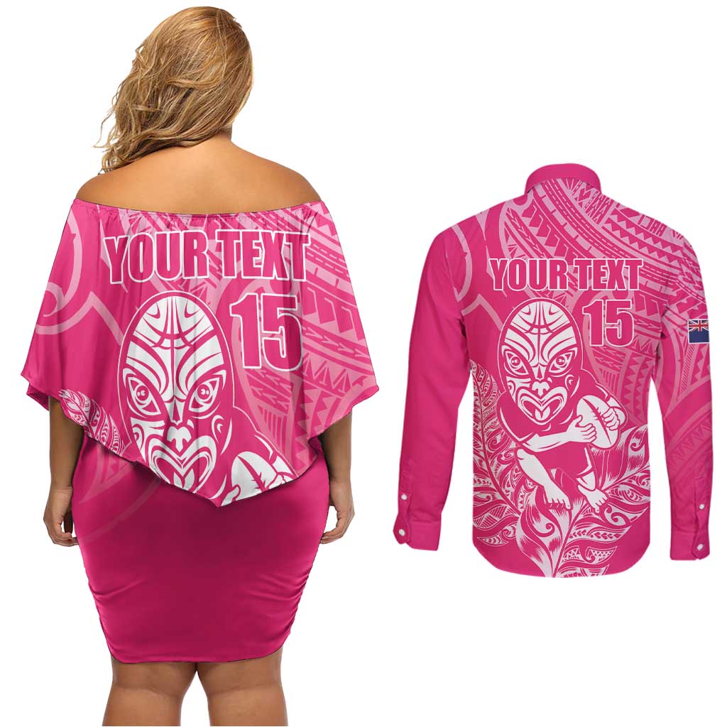 New Zealand Silver Fern Rugby Custom Couples Matching Off Shoulder Short Dress and Long Sleeve Button Shirt Maori Tiki Pink Version