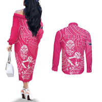 New Zealand Silver Fern Rugby Custom Couples Matching Off The Shoulder Long Sleeve Dress and Long Sleeve Button Shirt Maori Tiki Pink Version