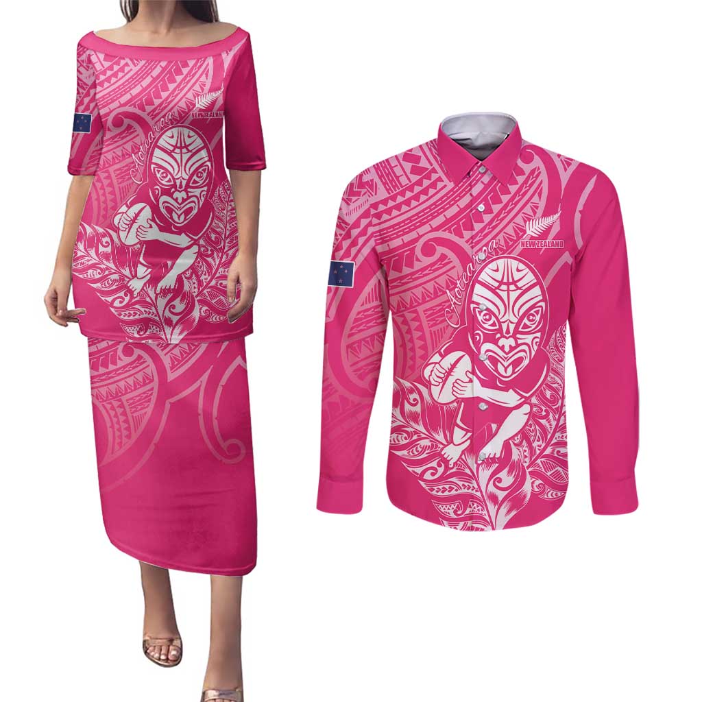 New Zealand Silver Fern Rugby Custom Couples Matching Puletasi and Long Sleeve Button Shirt Maori Tiki Pink Version