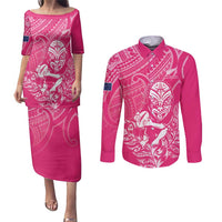 New Zealand Silver Fern Rugby Custom Couples Matching Puletasi and Long Sleeve Button Shirt Maori Tiki Pink Version
