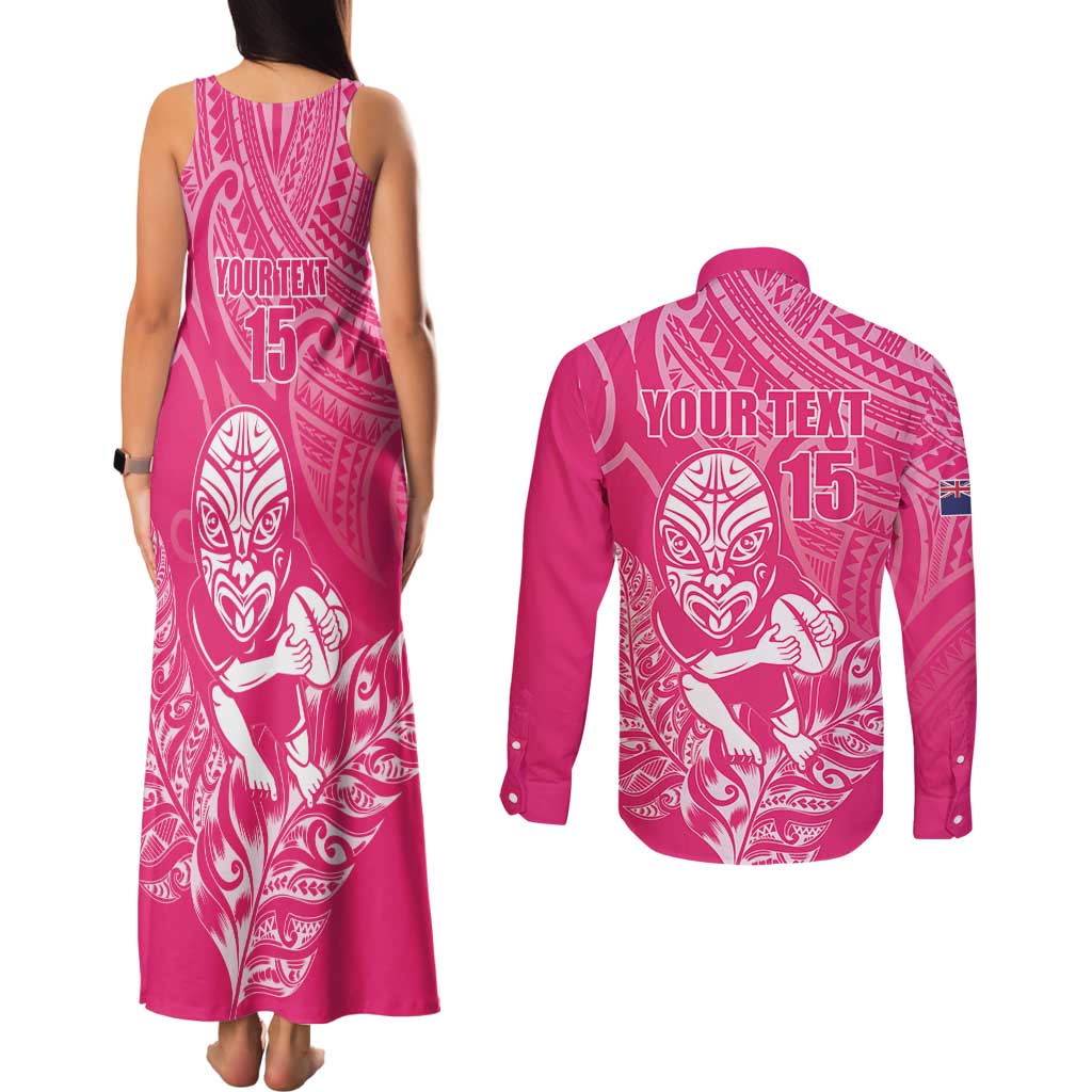 New Zealand Silver Fern Rugby Custom Couples Matching Tank Maxi Dress and Long Sleeve Button Shirt Maori Tiki Pink Version