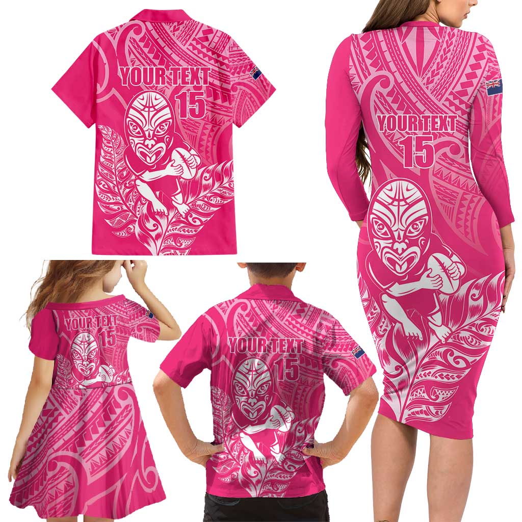 New Zealand Silver Fern Rugby Custom Family Matching Long Sleeve Bodycon Dress and Hawaiian Shirt Maori Tiki Pink Version