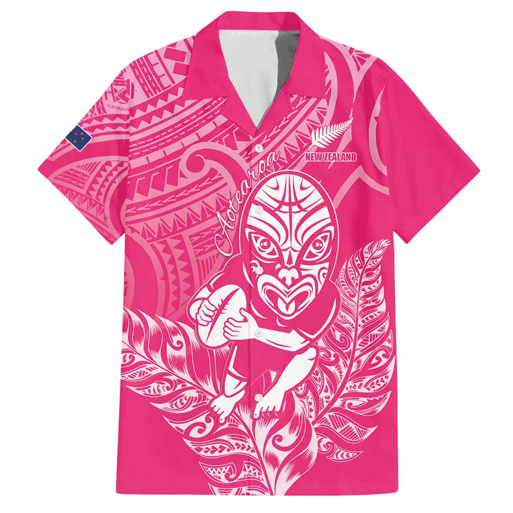 New Zealand Silver Fern Rugby Custom Family Matching Puletasi and Hawaiian Shirt Maori Tiki Pink Version