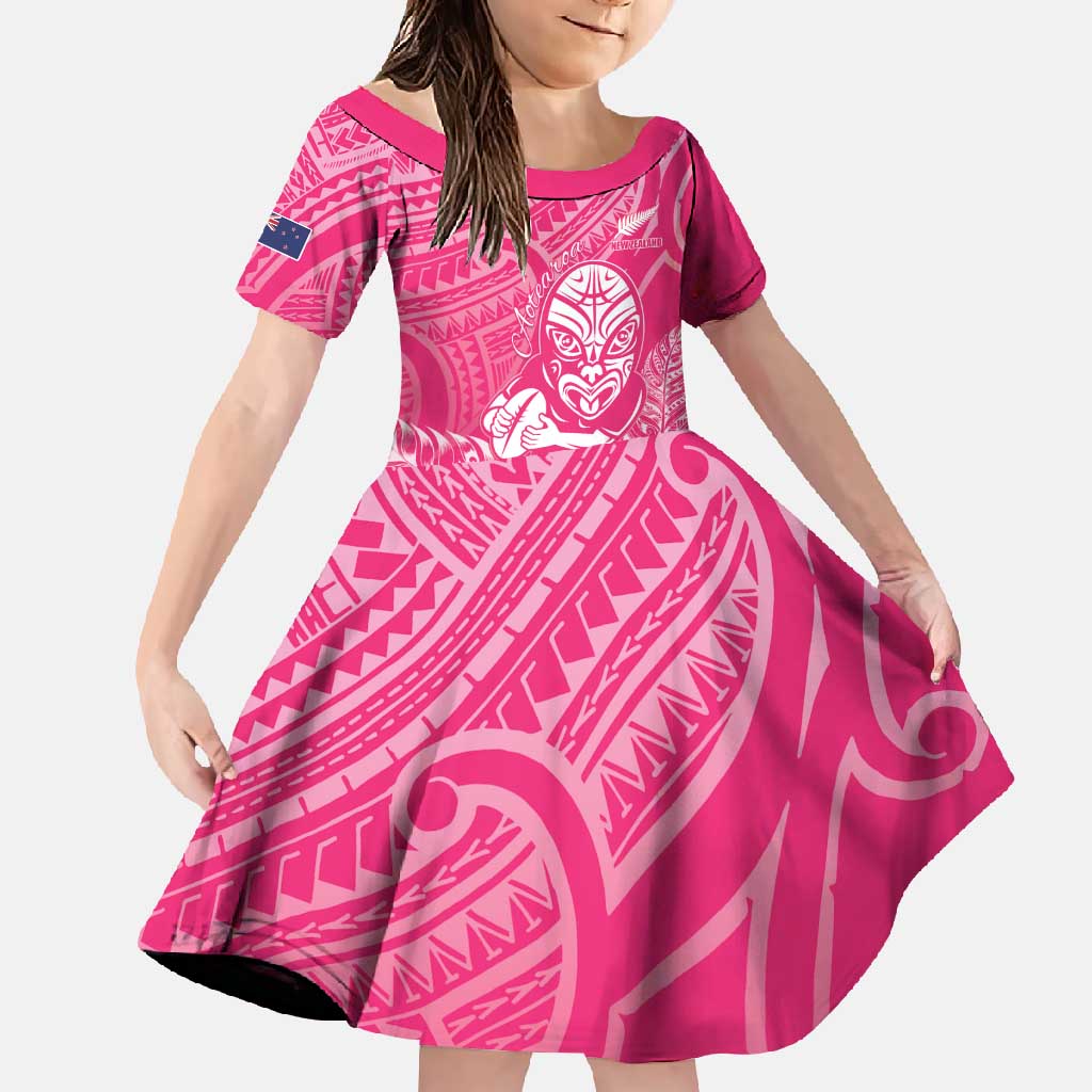 New Zealand Silver Fern Rugby Custom Family Matching Tank Maxi Dress and Hawaiian Shirt Maori Tiki Pink Version