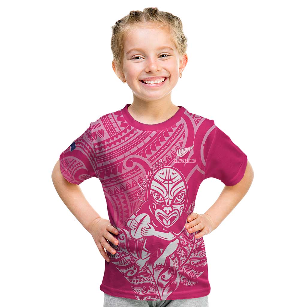 New Zealand Silver Fern Rugby Custom Kid T Shirt Maori Tiki Pink Version