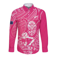 New Zealand Silver Fern Rugby Custom Long Sleeve Button Shirt Maori Tiki Pink Version