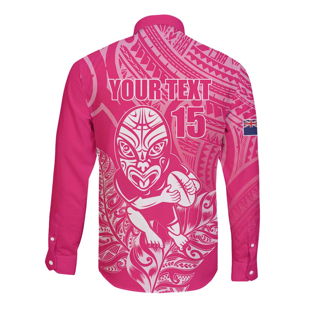 New Zealand Silver Fern Rugby Custom Long Sleeve Button Shirt Maori Tiki Pink Version