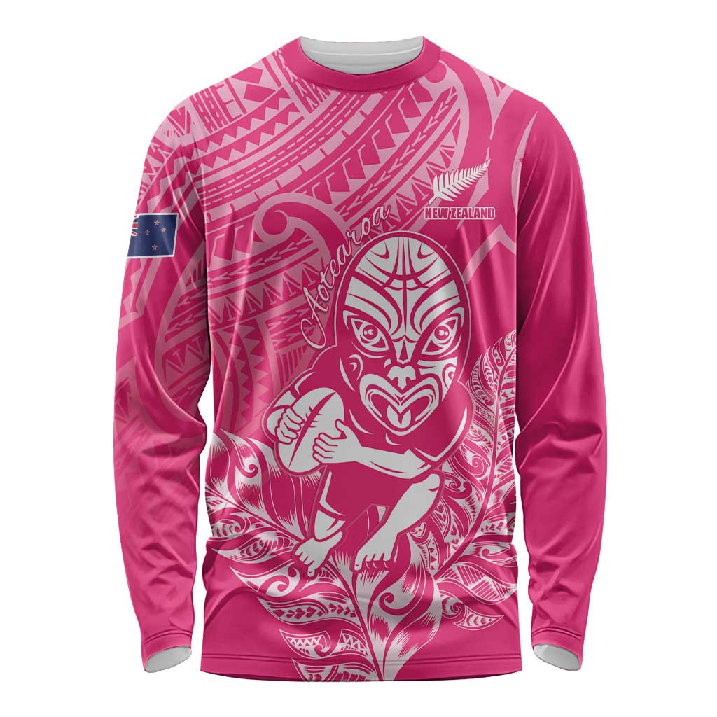 New Zealand Silver Fern Rugby Custom Long Sleeve Shirt Maori Tiki Pink Version