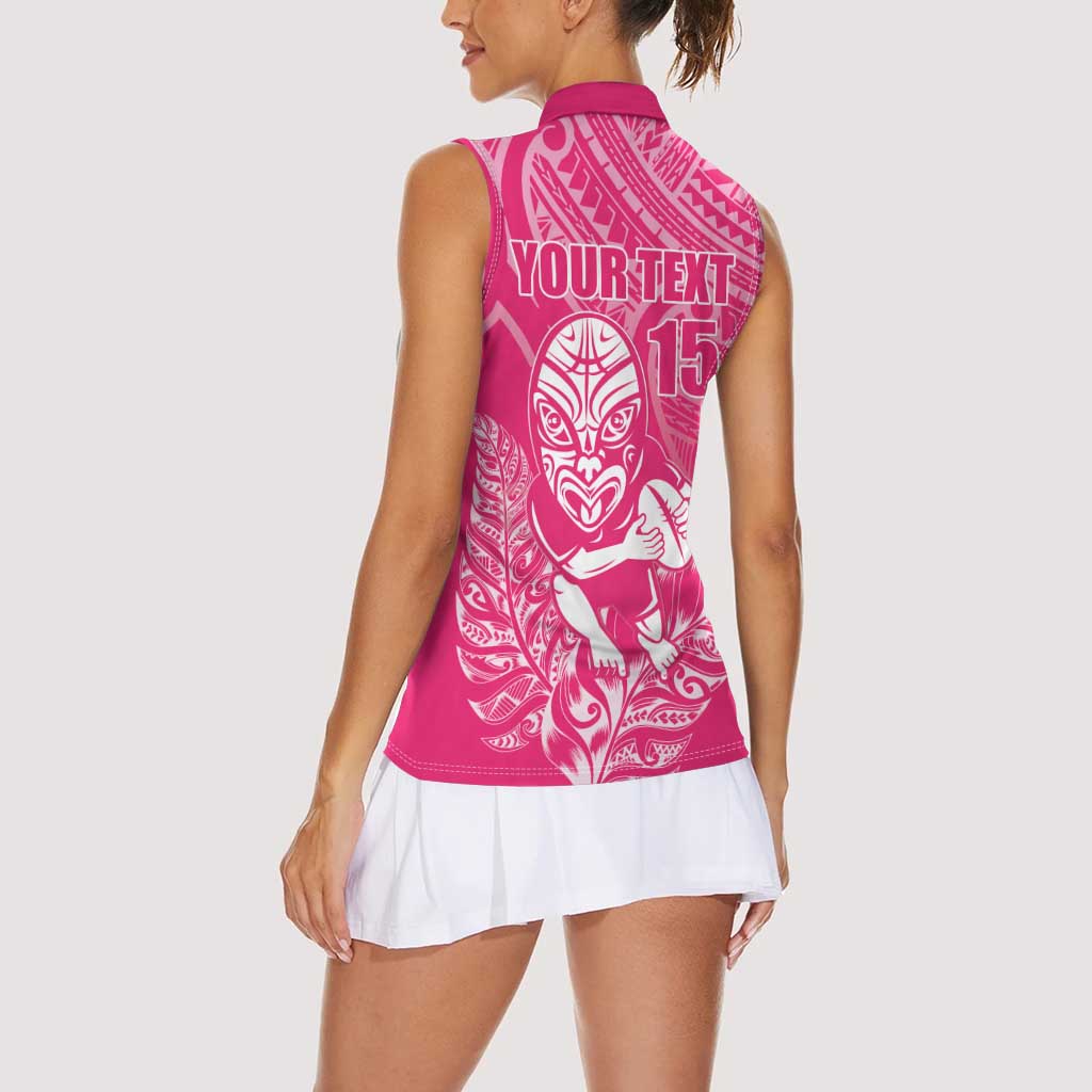 New Zealand Silver Fern Rugby Custom Women Sleeveless Polo Shirt Maori Tiki Pink Version