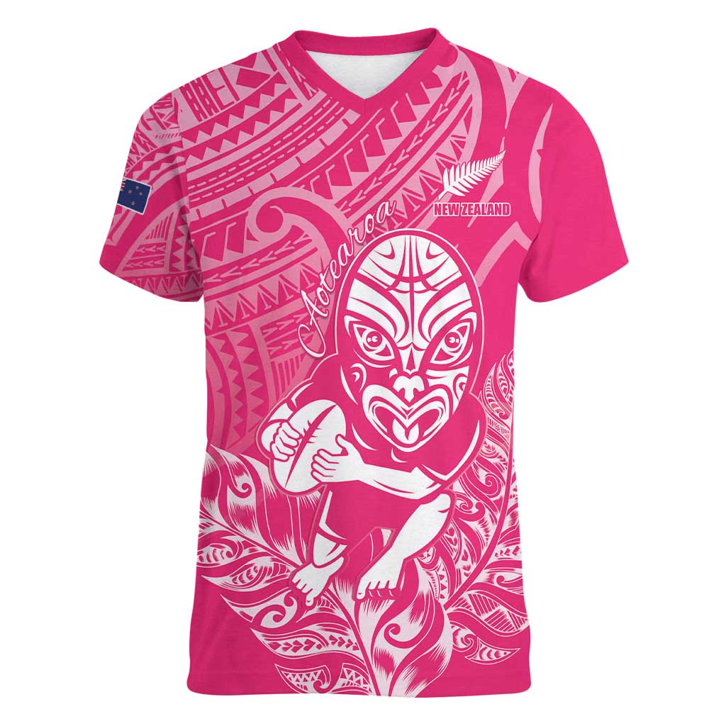 New Zealand Silver Fern Rugby Custom Women V-Neck T-Shirt Maori Tiki Pink Version