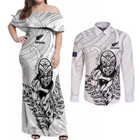 New Zealand Silver Fern Rugby Custom Couples Matching Off Shoulder Maxi Dress and Long Sleeve Button Shirt Maori Tiki White Version