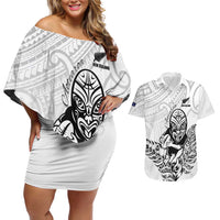 New Zealand Silver Fern Rugby Custom Couples Matching Off Shoulder Short Dress and Hawaiian Shirt Maori Tiki White Version