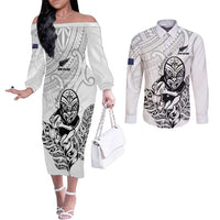 New Zealand Silver Fern Rugby Custom Couples Matching Off The Shoulder Long Sleeve Dress and Long Sleeve Button Shirt Maori Tiki White Version