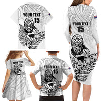 New Zealand Silver Fern Rugby Custom Family Matching Long Sleeve Bodycon Dress and Hawaiian Shirt Maori Tiki White Version