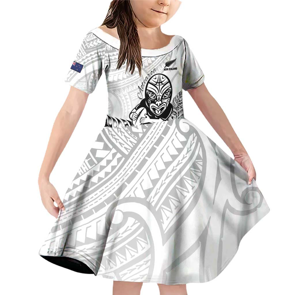 New Zealand Silver Fern Rugby Custom Family Matching Off Shoulder Short Dress and Hawaiian Shirt Maori Tiki White Version