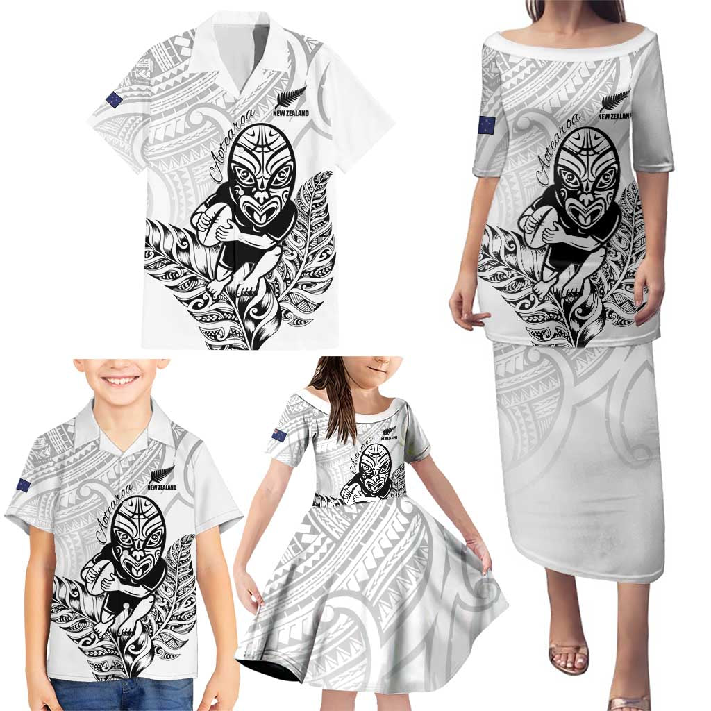 New Zealand Silver Fern Rugby Custom Family Matching Puletasi and Hawaiian Shirt Maori Tiki White Version