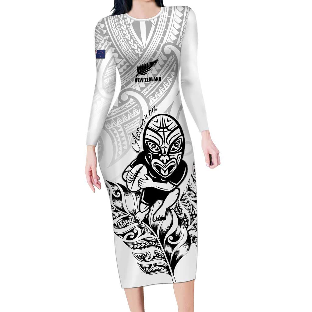 New Zealand Silver Fern Rugby Custom Long Sleeve Bodycon Dress Maori Tiki White Version