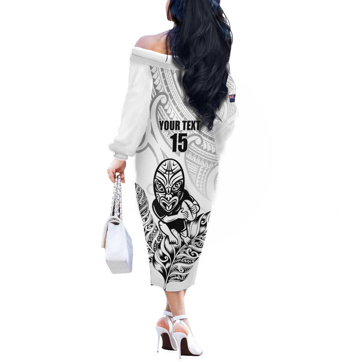 New Zealand Silver Fern Rugby Custom Off The Shoulder Long Sleeve Dress Maori Tiki White Version