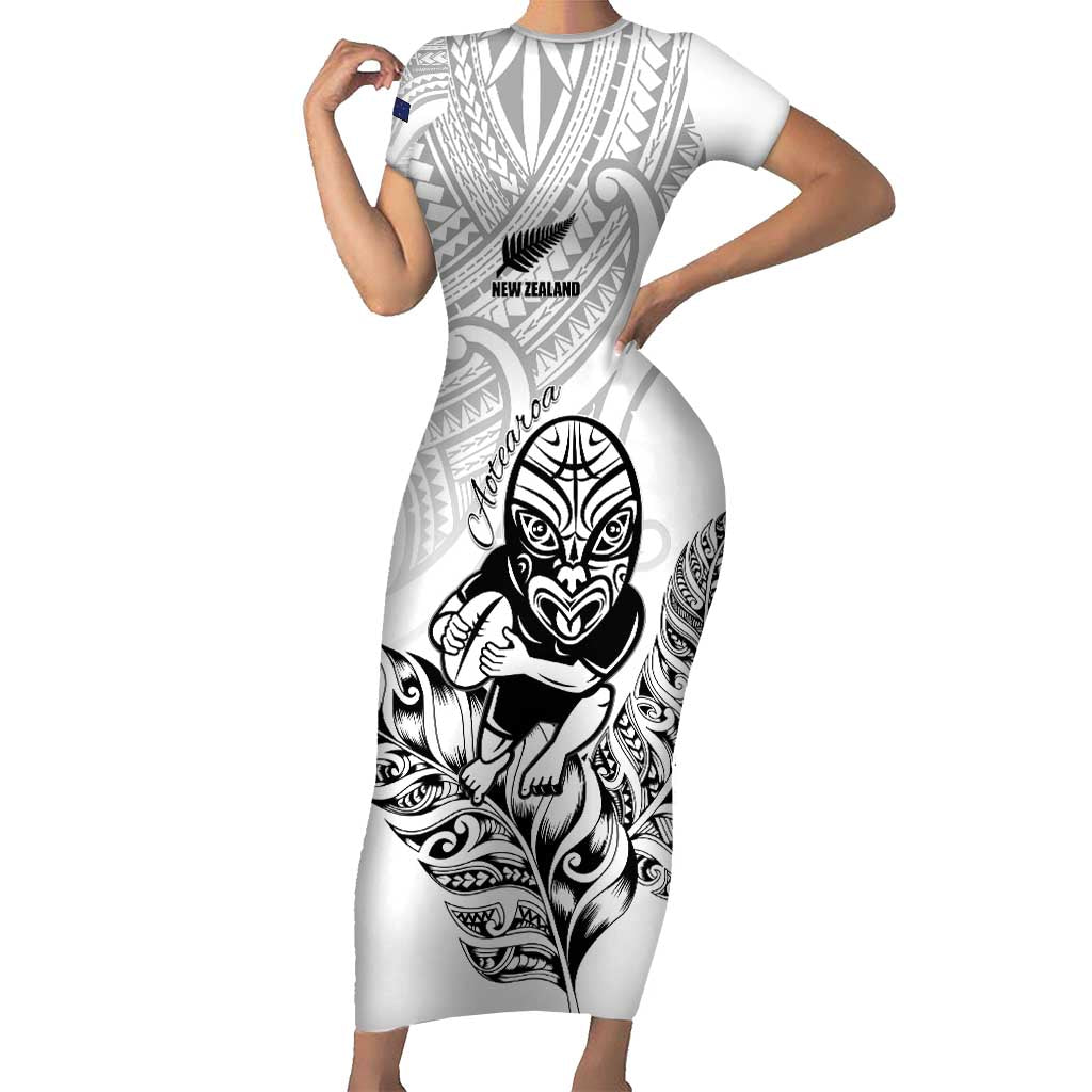 New Zealand Silver Fern Rugby Custom Short Sleeve Bodycon Dress Maori Tiki White Version