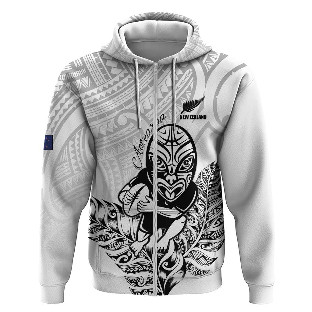 New Zealand Silver Fern Rugby Custom Zip Hoodie Maori Tiki White Version