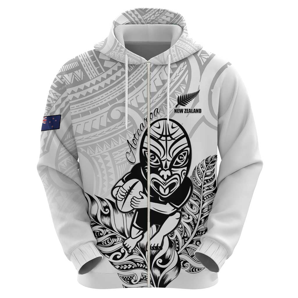 New Zealand Silver Fern Rugby Custom Zip Hoodie Maori Tiki White Version