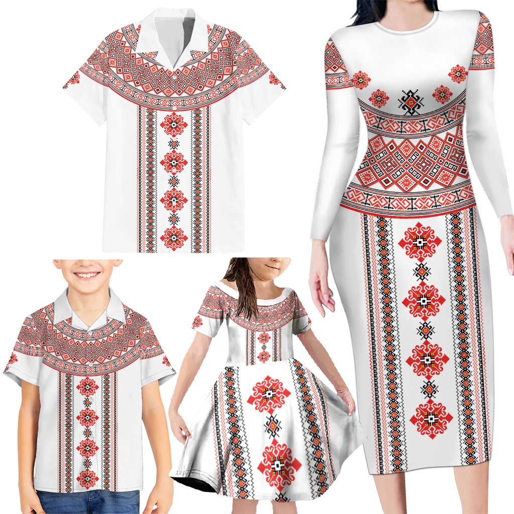 Bulgarian Embroidery Style Seamless Pattern Family Matching Long Sleeve Bodycon Dress and Hawaiian Shirt