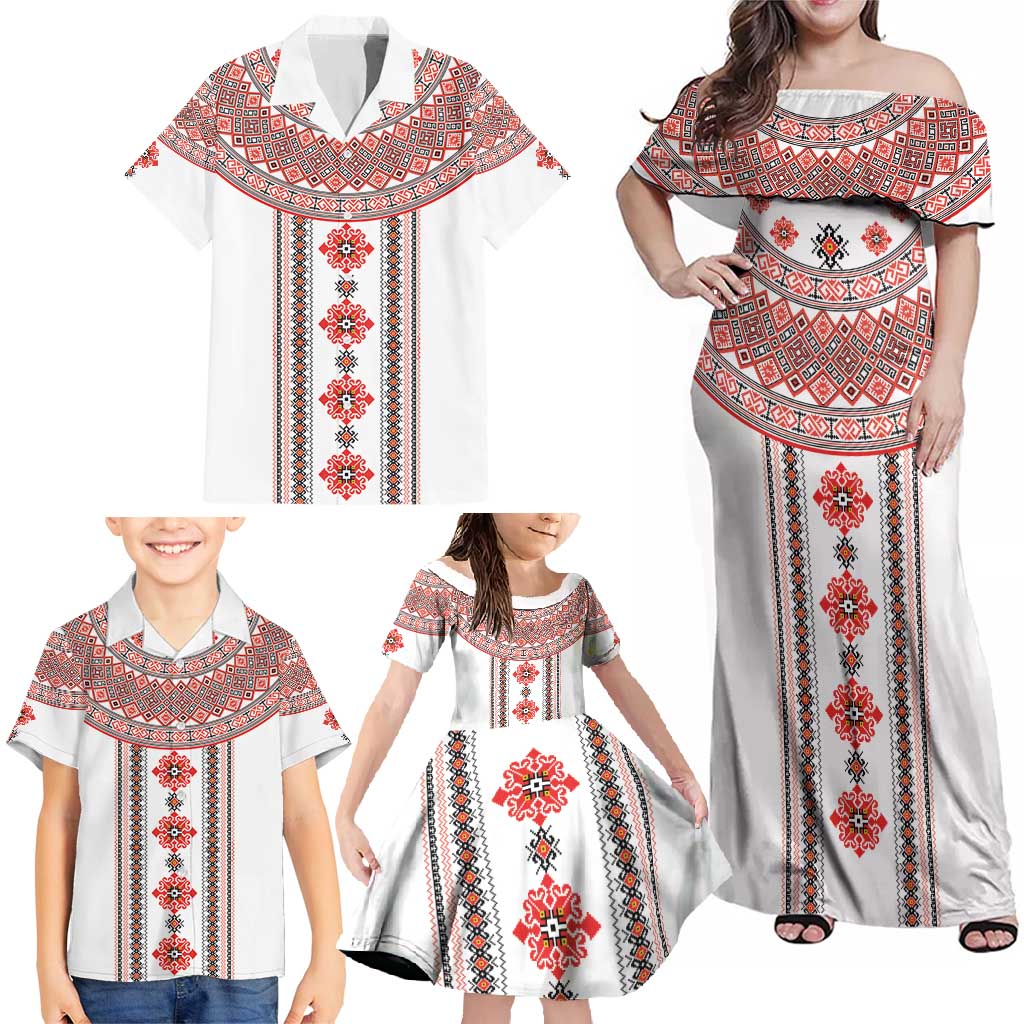 Bulgarian Embroidery Style Seamless Pattern Family Matching Off Shoulder Maxi Dress and Hawaiian Shirt