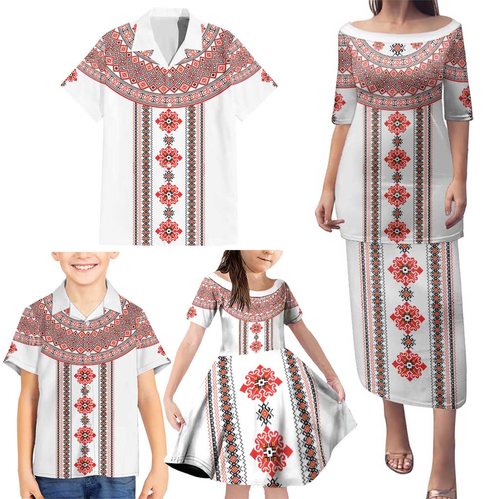Bulgarian Embroidery Style Seamless Pattern Family Matching Puletasi and Hawaiian Shirt