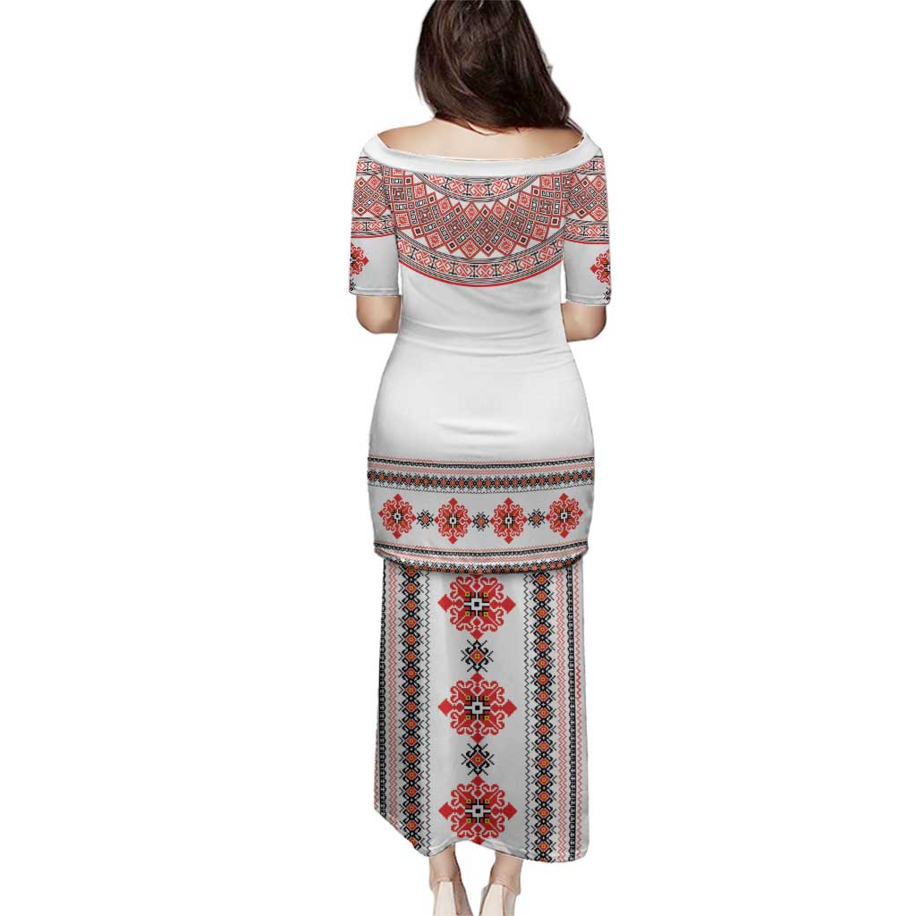 Bulgarian Embroidery Style Seamless Pattern Family Matching Puletasi and Hawaiian Shirt