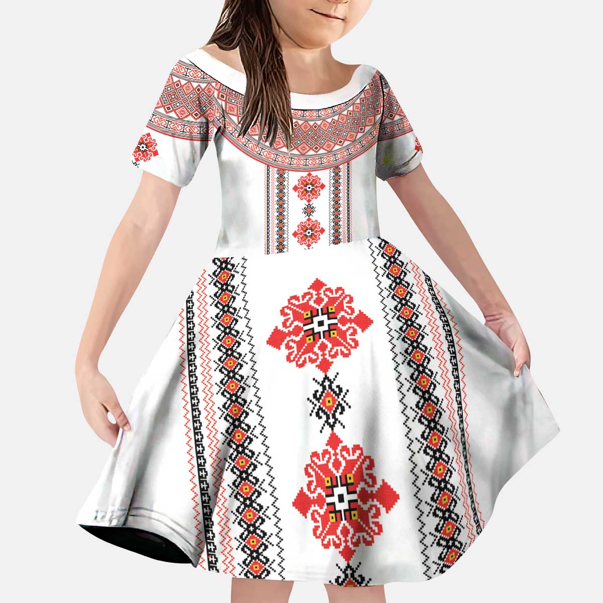 Bulgarian Embroidery Style Seamless Pattern Kid Short Sleeve Dress