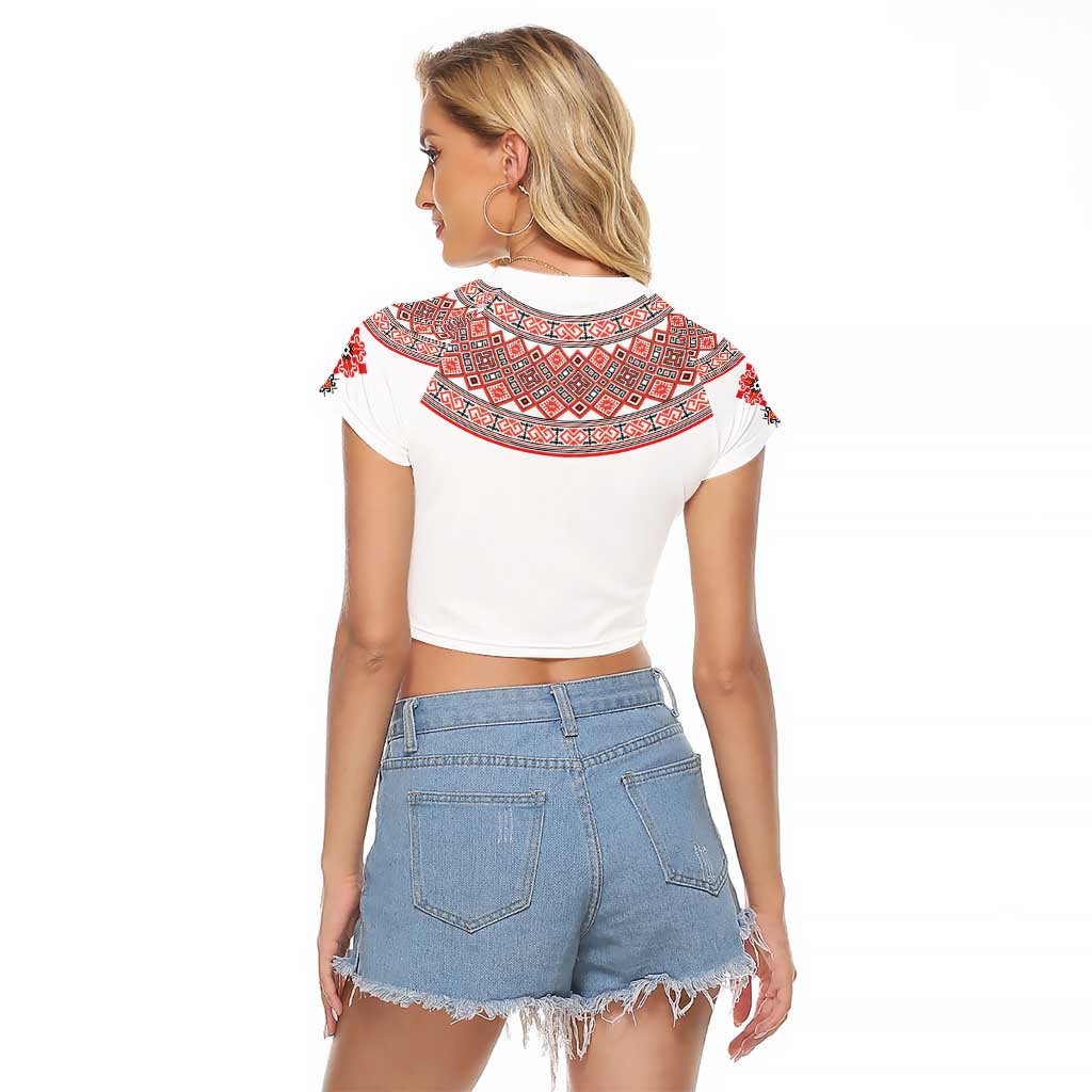 Bulgarian Embroidery Style Seamless Pattern Raglan Cropped T Shirt