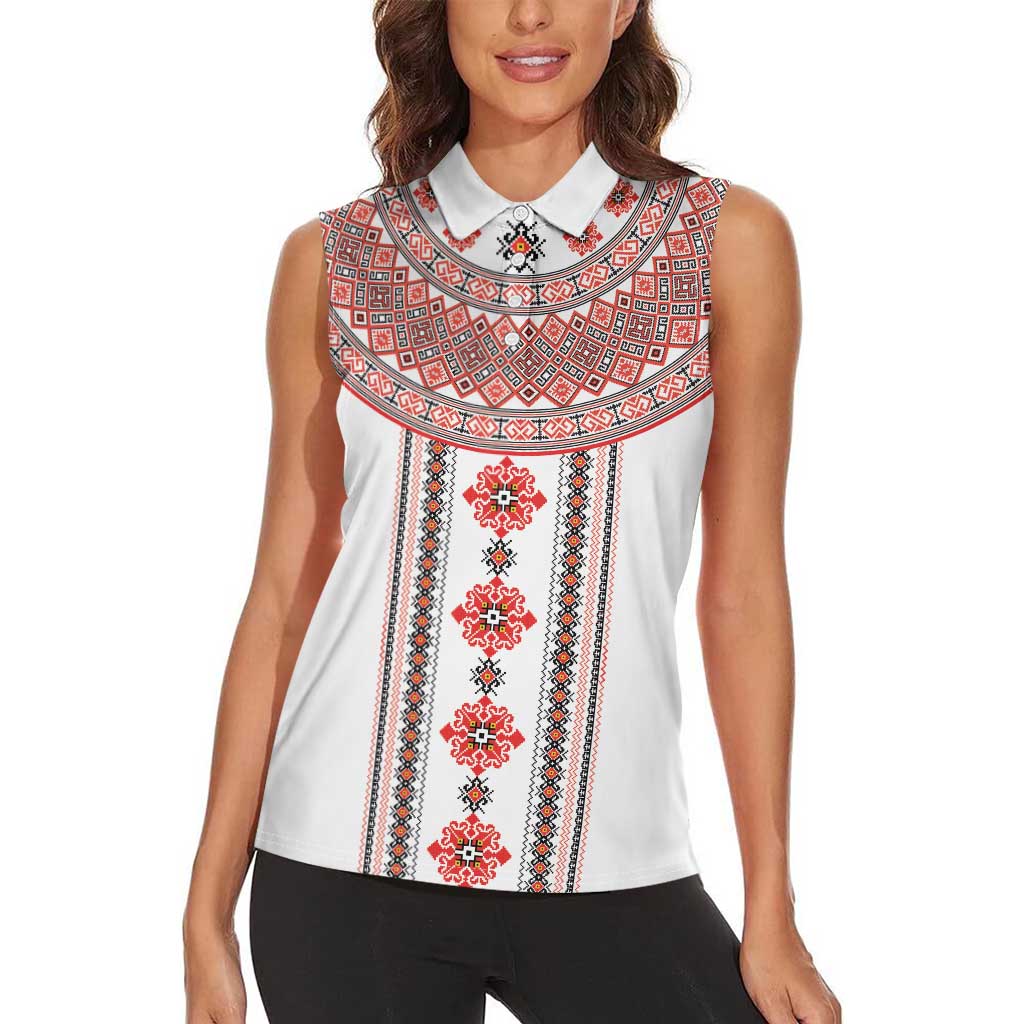 Bulgarian Embroidery Style Seamless Pattern Women Sleeveless Polo Shirt