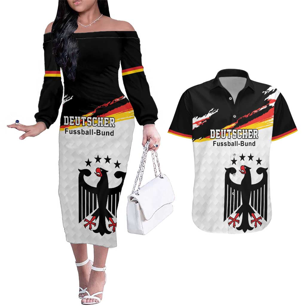 Custom Germany Football Couples Matching Off The Shoulder Long Sleeve Dress and Hawaiian Shirt Come On DFB-Team