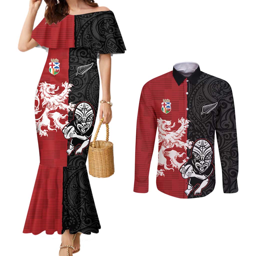 Custom British Lions New Zealand Couples Matching Mermaid Dress and Long Sleeve Button Shirt Unique Style LT18 Red - Polynesian Pride