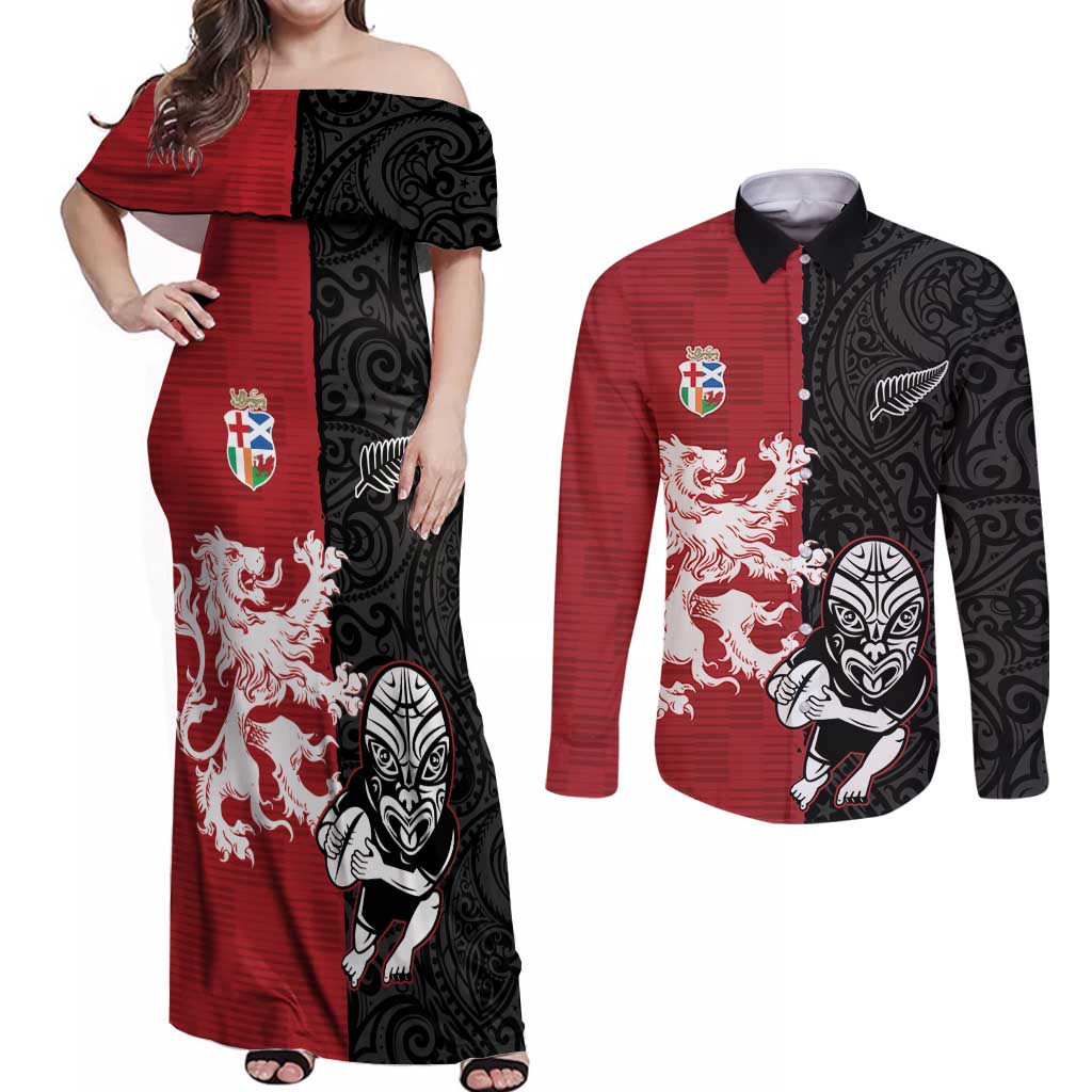 Custom British Lions New Zealand Couples Matching Off Shoulder Maxi Dress and Long Sleeve Button Shirt Unique Style LT18 Red - Polynesian Pride