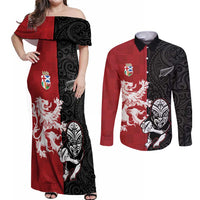 Custom British Lions New Zealand Couples Matching Off Shoulder Maxi Dress and Long Sleeve Button Shirt Unique Style LT18 Red - Polynesian Pride