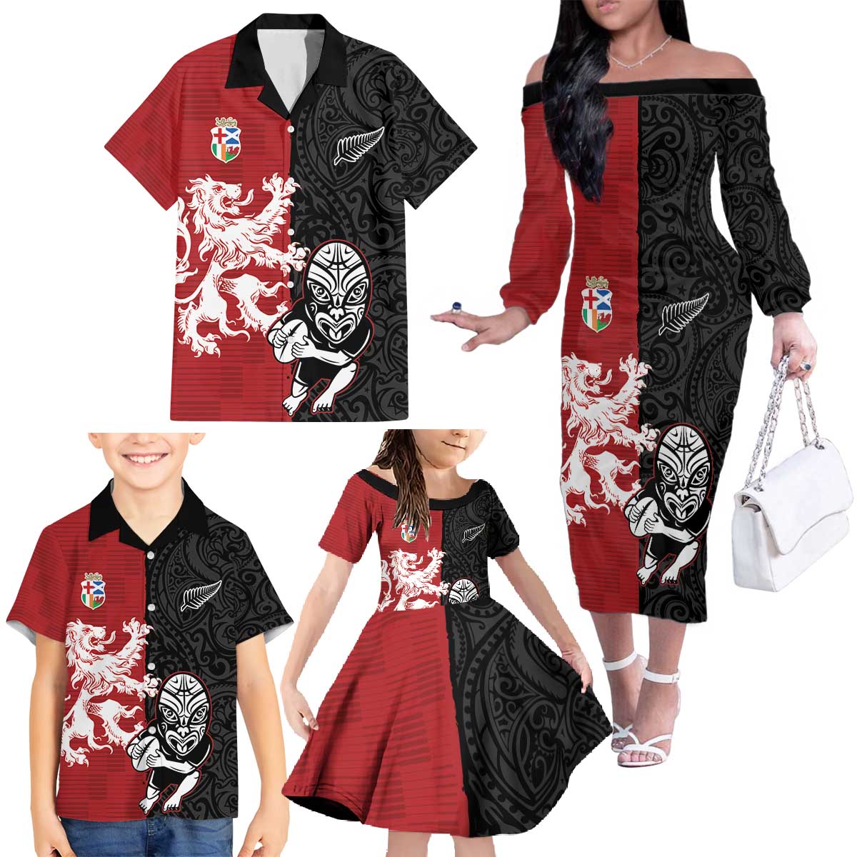 Custom British Lions New Zealand Family Matching Off The Shoulder Long Sleeve Dress and Hawaiian Shirt Unique Style - Polynesian Pride