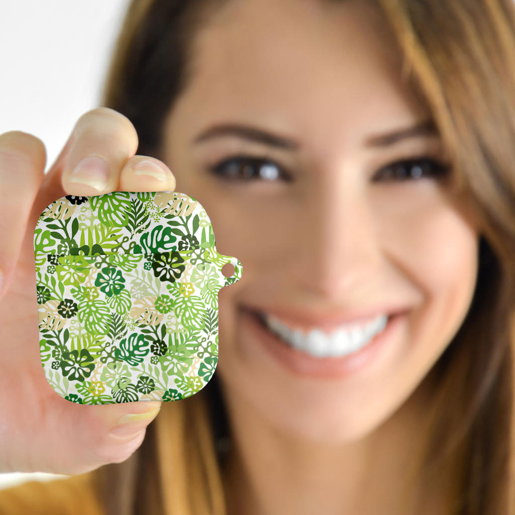 Green Aloha Hawaiian AirPods Case Monstera Hibiscus Tropical Pattern