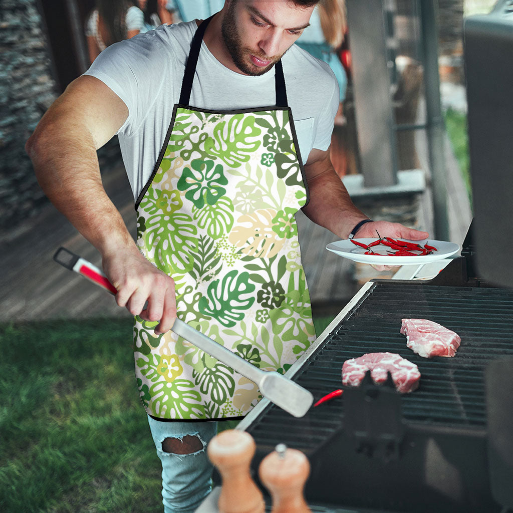 Green Aloha Hawaiian Apron Monstera Hibiscus Tropical Pattern