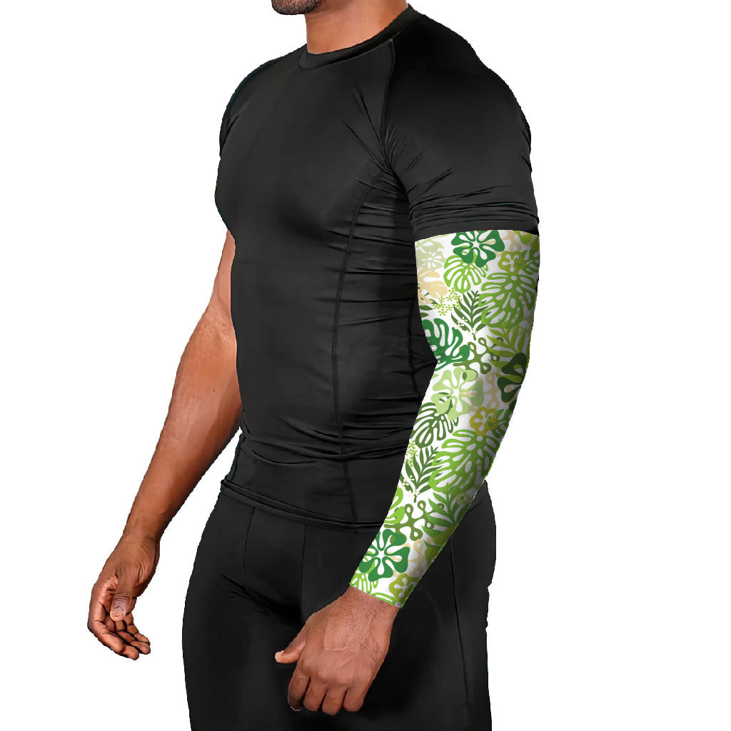 Green Aloha Hawaiian Arm Sleeves Monstera Hibiscus Tropical Pattern