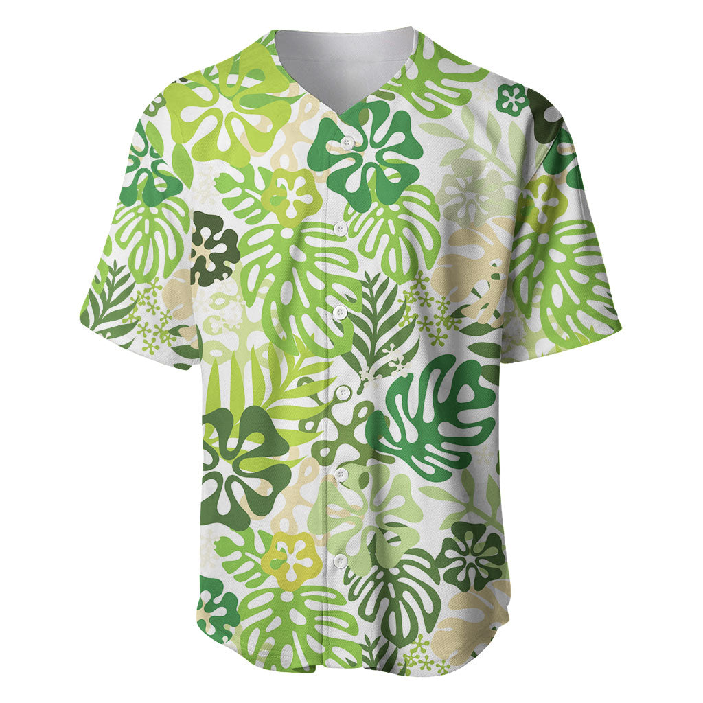Green Aloha Hawaiian Baseball Jersey Monstera Hibiscus Tropical Pattern