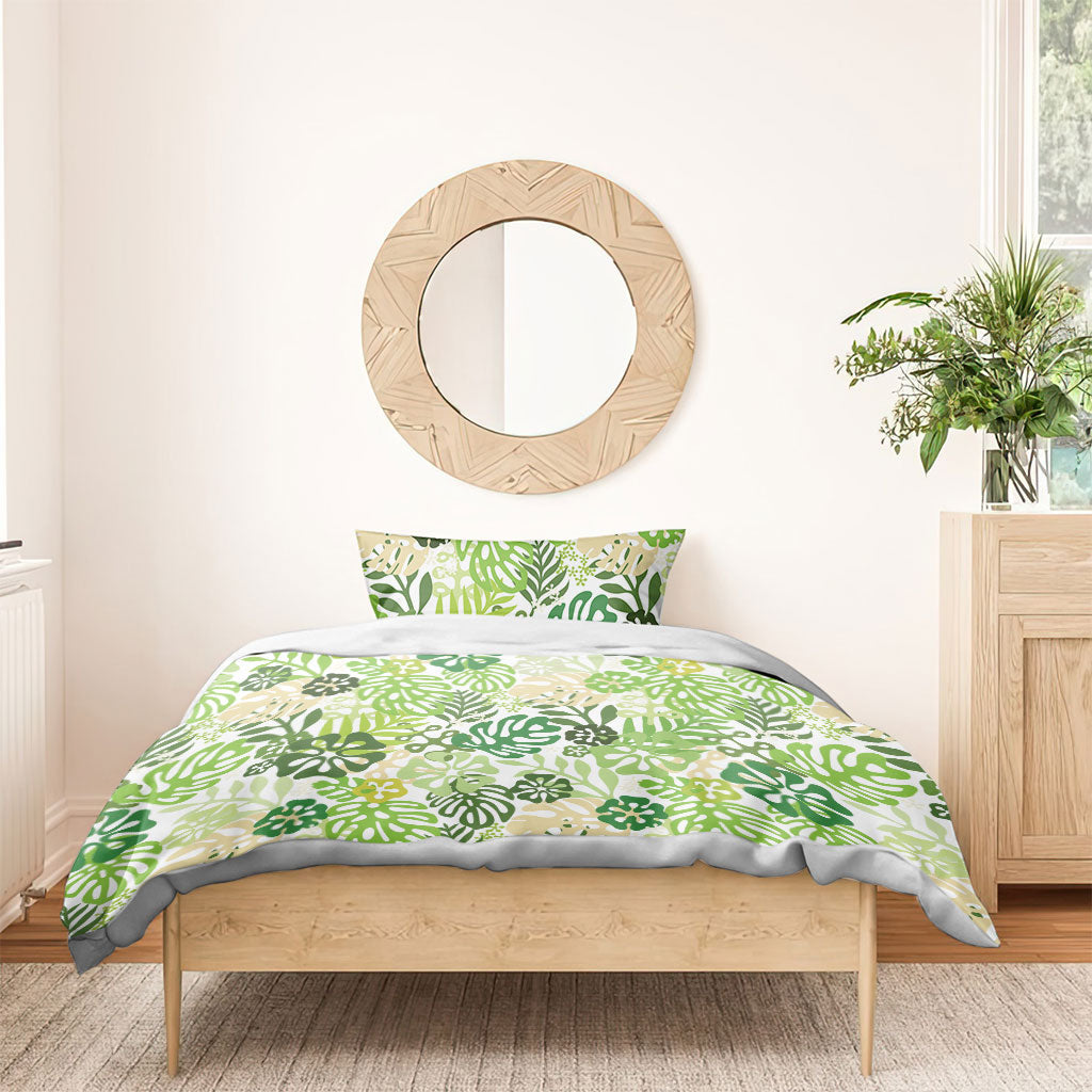 Green Aloha Hawaiian Bedding Set Monstera Hibiscus Tropical Pattern