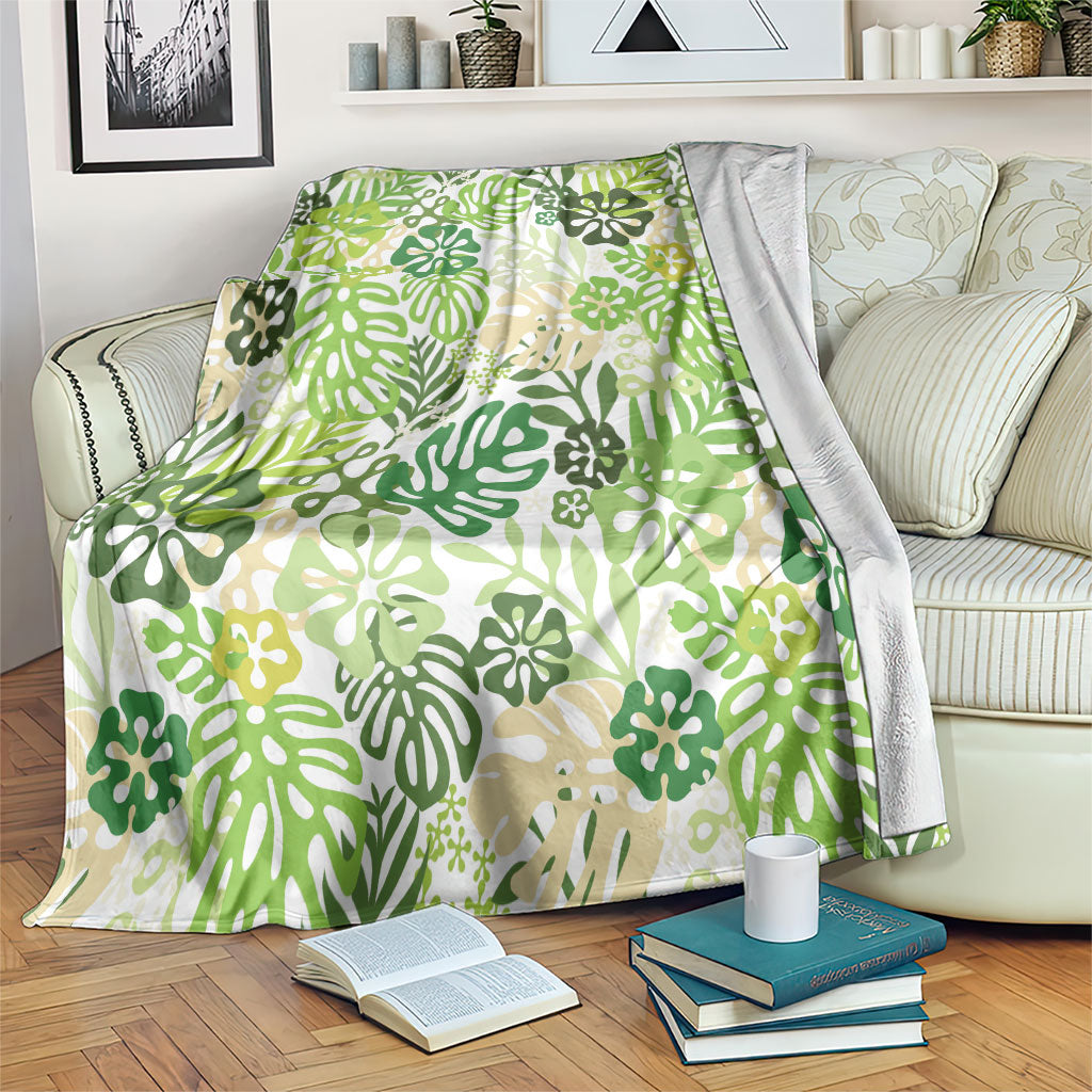 Green Aloha Hawaiian Blanket Monstera Hibiscus Tropical Pattern