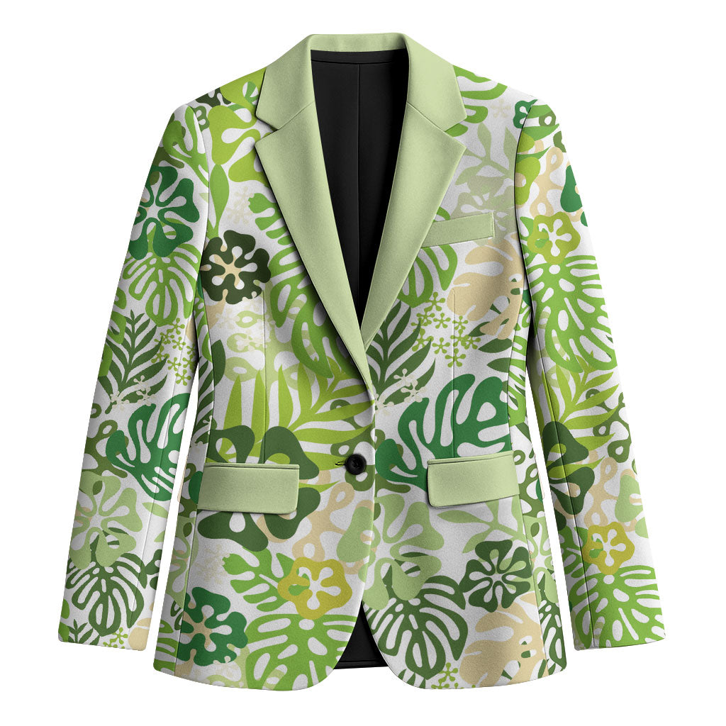 Green Aloha Hawaiian Blazer Monstera Hibiscus Tropical Pattern
