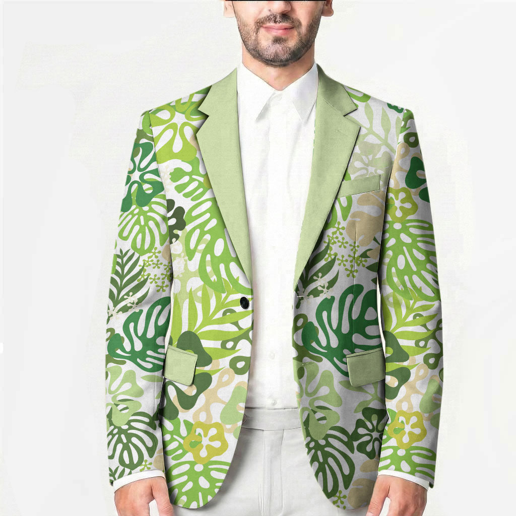 Green Aloha Hawaiian Blazer Monstera Hibiscus Tropical Pattern