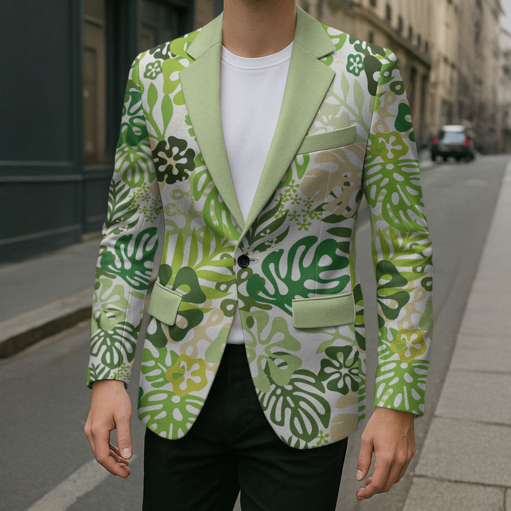 Green Aloha Hawaiian Blazer Monstera Hibiscus Tropical Pattern