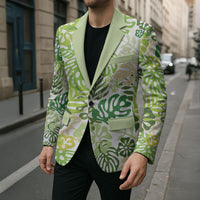 Green Aloha Hawaiian Blazer Monstera Hibiscus Tropical Pattern